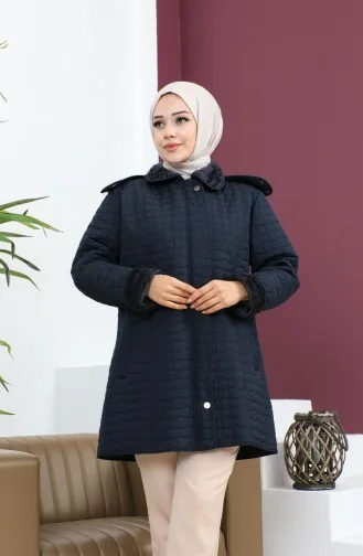 Büyük Beden Kare Desen Kapitone Mont 6141-02 Lacivert