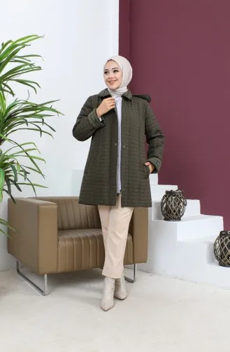 Büyük Beden Kare Desen Kapitone Mont 6141-03 Haki