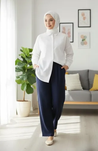 Pantalon En Mousseline 0020-04 Bleu Marine 0020-04