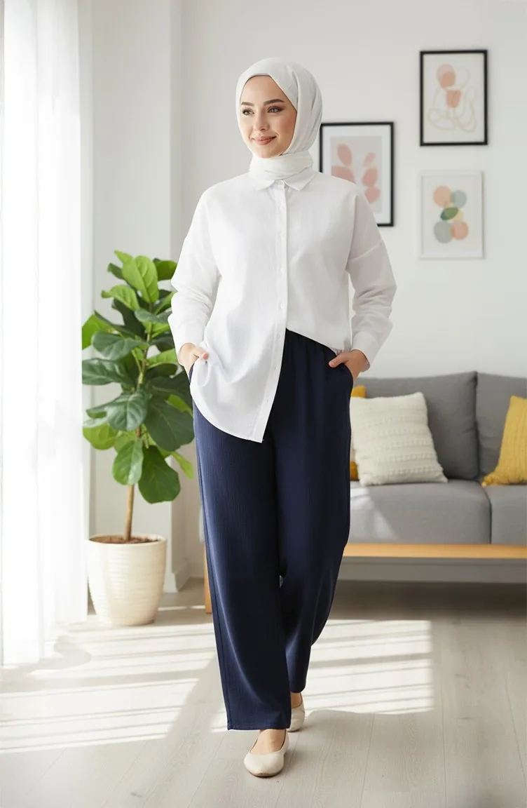Pantalon En Mousseline 0020-04 Bleu Marine 0020-04