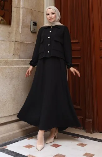 Corduroy Geknoopt Jasje Jurk En Hijabpak 0219-02 Zwart 0219-02