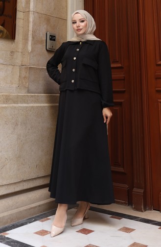 Corduroy Buttoned Jacket Dress Hijab Suit 0219-02 Black 0219-02