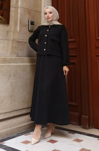 Corduroy Geknoopt Jasje Jurk En Hijabpak 0219-02 Zwart 0219-02