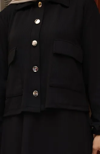 Corduroy Geknoopt Jasje Jurk En Hijabpak 0219-02 Zwart 0219-02