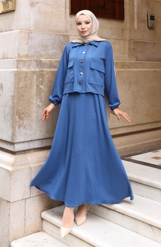 Corduroy Buttoned Jacket Dress Hijab Suit 0219-04 Indigo 0219-04