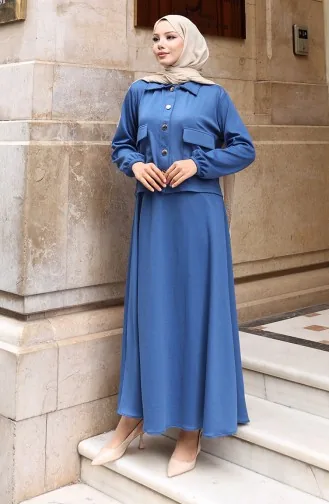 Corduroy Geknoopt Jasje Jurk Hijab Pak 0219-04 Indigo 0219-04