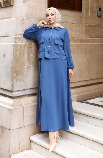 Corduroy Geknoopt Jasje Jurk Hijab Pak 0219-04 Indigo 0219-04