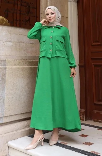 Ensemble Veste Et Hijab En Velours Côtelé Boutonné Vert 0219-05 0219-05