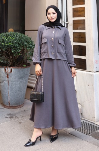 Corduroy Buttoned Jacket Dress Hijab Suit 0219-06 Anthracite 0219-06