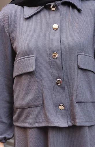 فستان جاكيت بأزرار من قماش مخملي مع بدلة حجاب 0219-06 أنثراسيت 0219-06