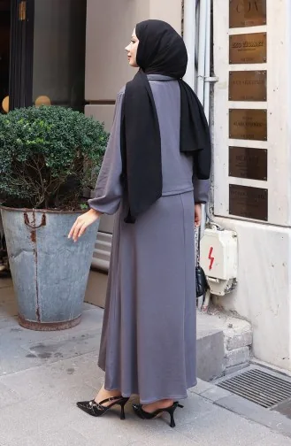 فستان جاكيت بأزرار من قماش مخملي مع بدلة حجاب 0219-06 أنثراسيت 0219-06