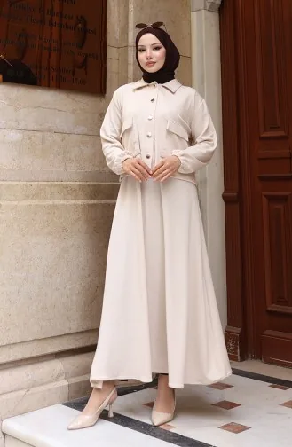 Corduroy Geknoopt Jasje Jurk Hijab Pak 0219-07 Beige 0219-07