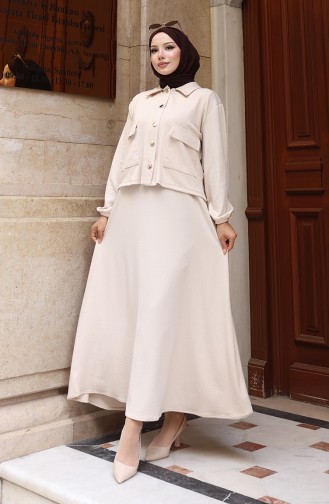 Corduroy Buttoned Jacket Dress Hijab Suit 0219-07 Beige 0219-07