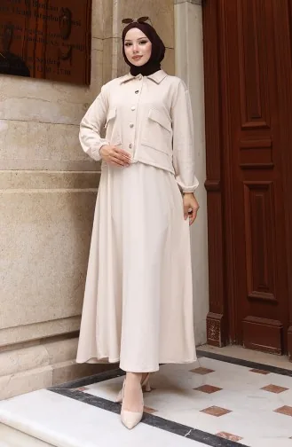 Corduroy Geknoopt Jasje Jurk Hijab Pak 0219-07 Beige 0219-07