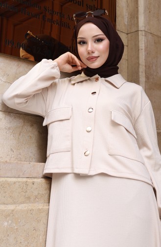 Corduroy Buttoned Jacket Dress Hijab Suit 0219-07 Beige 0219-07