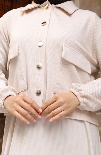 Corduroy Buttoned Jacket Dress Hijab Suit 0219-07 Beige 0219-07