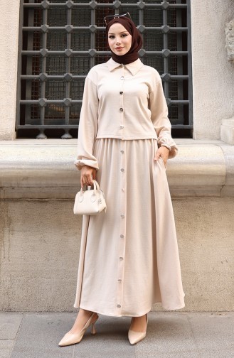 Ensemble Deux Pièces Chemise-hijab-tunique-jupe Beige 0223-01 0223-01