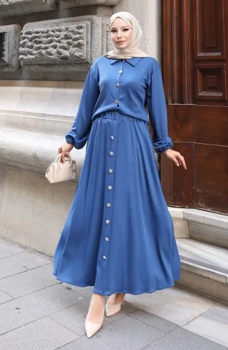 Shirtkraag Hijab Tuniekrok Tweedelig Pak 0223-02 Indigo 0223-02