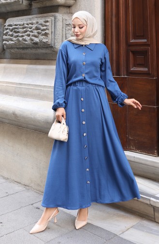 Ensemble Deux Pièces Chemise Hijab Tunique Et Jupe 0223-02 Indigo 0223-02