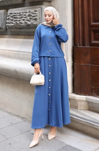 Shirtkraag Hijab Tuniekrok Tweedelig Pak 0223-02 Indigo 0223-02