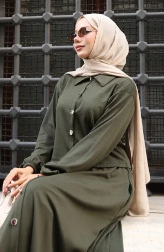 Ensemble Deux Pièces Kaki Chemise Hijab Tunique Et Jupe 0223-03 0223-03
