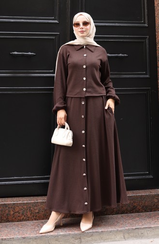 Ensemble Deux Pièces (chemise Hijab Tunique Jupe) Marron 0223-04 0223-04