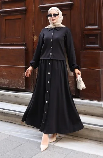 Shirtkraag Hijab Tuniekrok Tweedelig Pak 0223-06 Zwart 0223-06