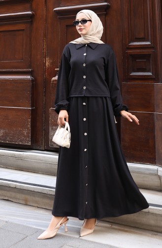 Ensemble Deux Pièces Chemise-hijab-tunique-jupe 0223-06 Noir 0223-06