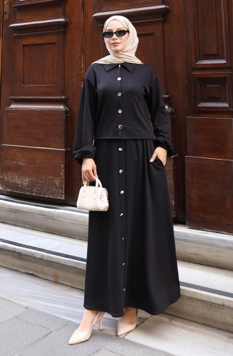 Ensemble Deux Pièces Chemise-hijab-tunique-jupe 0223-06 Noir 0223-06