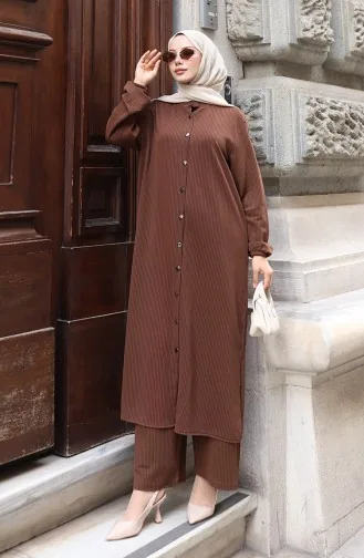 بدلة بنطلون حجاب مخملي بأزرار 2176-01 بني 2176-01