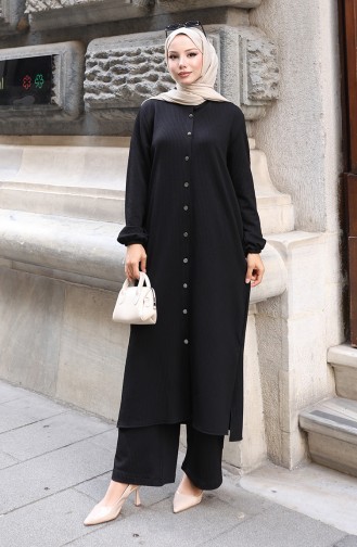 Corduroy Geknoopt Hijab Broekpak 2176-05 Zwart 2176-05