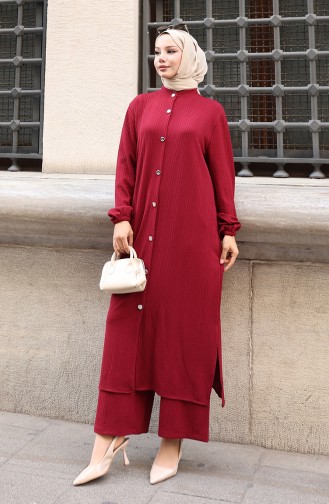 Geknoopt Geribbeld Hijab Broekpak 2177-02 Claret Red 2177-02