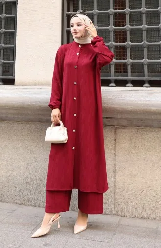 Geknöpfter Gerippter Hijab-Hosenanzug 2177-02 Bordeauxrot 2177-02