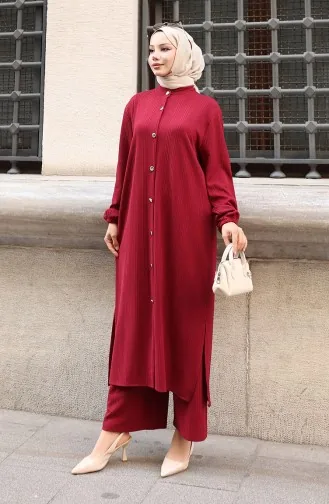 Geknöpfter Gerippter Hijab-Hosenanzug 2177-02 Bordeauxrot 2177-02