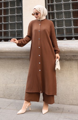 Corduroy Hijab Broekpak Met Knopen 2177-03 Bruin 2177-03