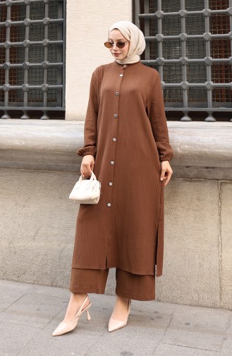 Corduroy Hijab Broekpak Met Knopen 2177-03 Bruin 2177-03