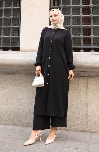 Corduroy Hijab Broekpak Met Knopen 2177-05 Zwart 2177-05