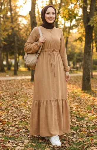 Gerafftes Kleid Mit Geknöpftem Saum 0351-03 Milchkaffee 0351-03
