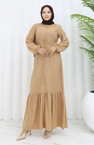 Gerafftes Kleid Mit Geknöpftem Saum 0351-03 Milchkaffee 0351-03
