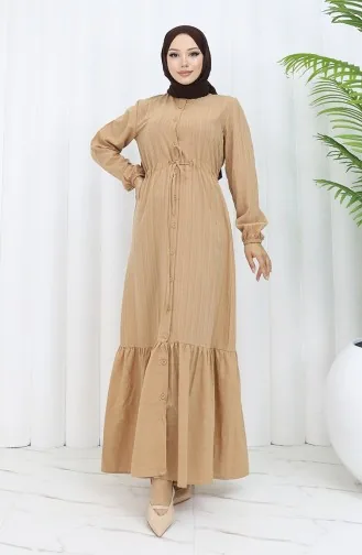 Gerafftes Kleid Mit Geknöpftem Saum 0351-03 Milchkaffee 0351-03