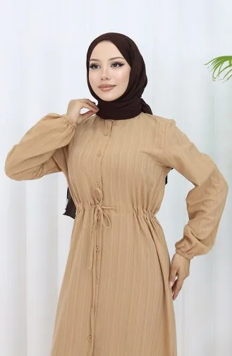 Gerafftes Kleid Mit Geknöpftem Saum 0351-03 Milchkaffee 0351-03