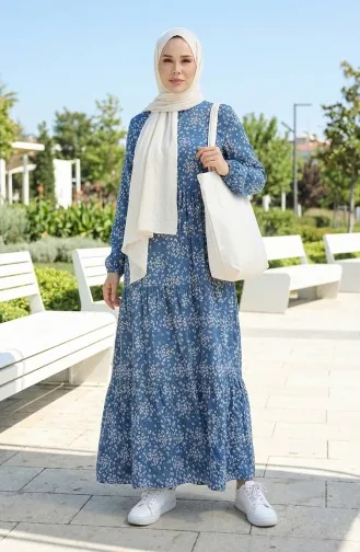 Gülsüm Robe Viscose Fleurie Demi Boutonnée 0358-01 Indigo 0358-01