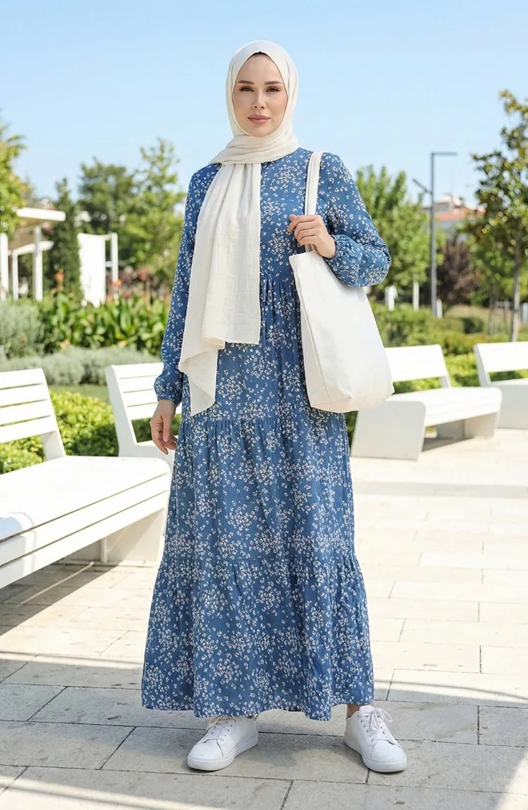 Glsm Half Buttoned Floral Viscose Dress 0358-01 Indigo 0358-01 | Sefamerve