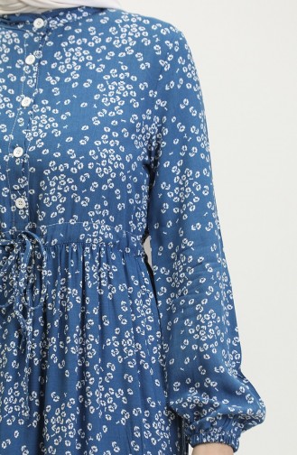 Gülsüm Yarım Düğmeli Çiçekli Viskon Elbise 0358-01 İndigo