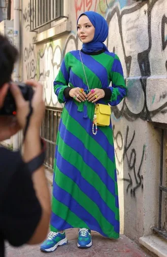 Geometric Patterned Belted Viscose Dress 0460-02 Saks Green 0460-02