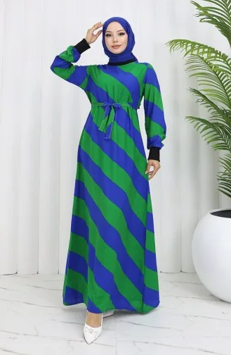 Geometric Patterned Belted Viscose Dress 0460-02 Saks Green 0460-02