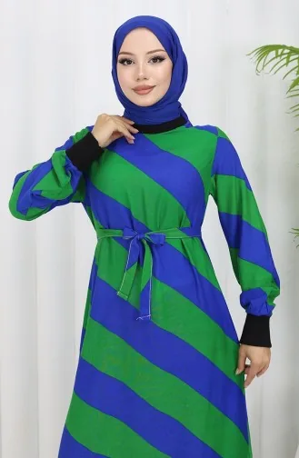 Geometric Patterned Belted Viscose Dress 0460-02 Saks Green 0460-02