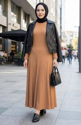 Flounce Detailed Crepe Dress 7132-08 Tan 7132-08