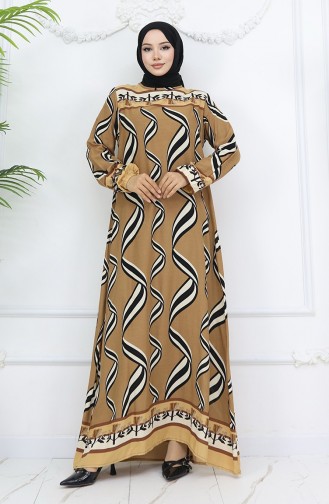 فستان بأكمام مرنة من قماش الفيسكوز 0031-02 بلون القهوة والحليب 0031-02