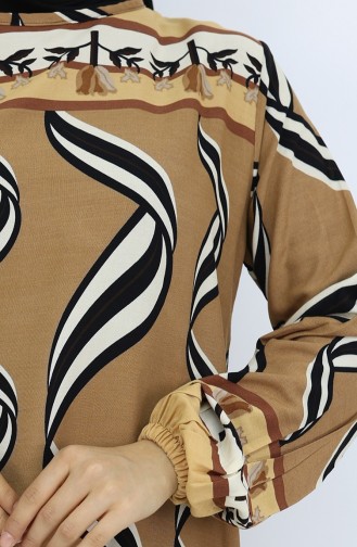 فستان بأكمام مرنة من قماش الفيسكوز 0031-02 بلون القهوة والحليب 0031-02